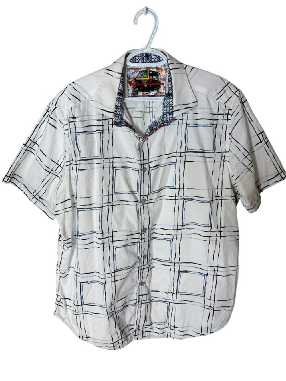 ROBERT GRAHAM Men’s White Blue Geometric Grid Plaid Short Sleeve Button Down 2XL